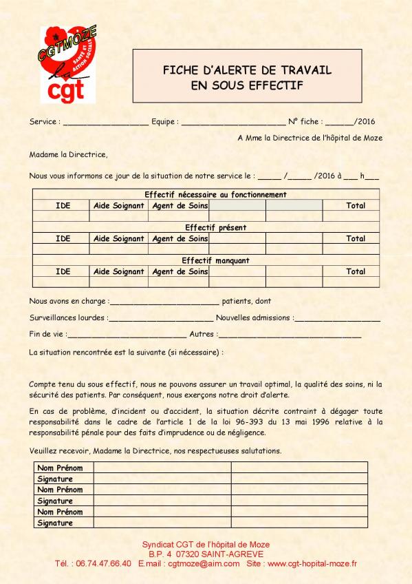 Fiche alerte sous effectif