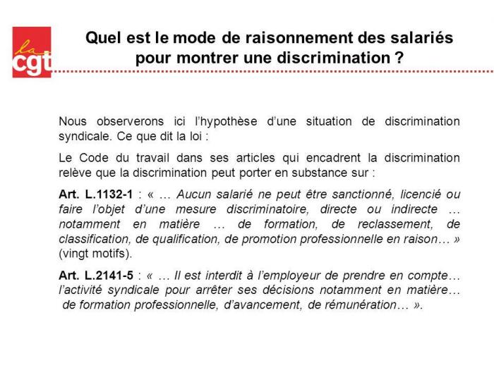 Quel est le mode de raisonnement des salaries pour montrer une discrimination